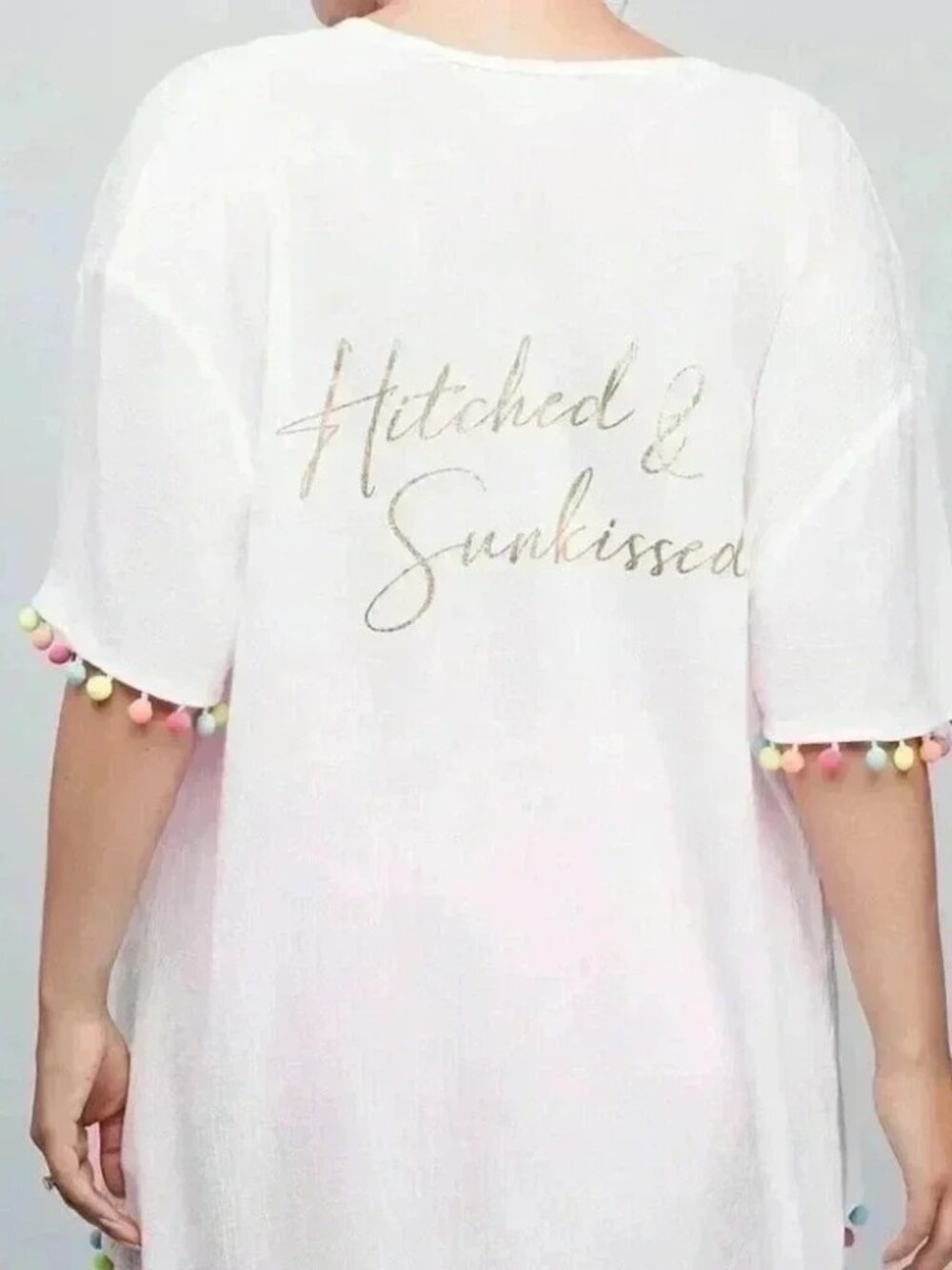 NWT David’s Bridal Gauze "Hitched & Sunkissed" PomPom Open Swim Cover, S/Med